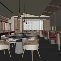 Modern Restaurant Interior With Round Tables Red Seats And Pendant Lighting