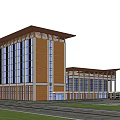 Modern Residential Building With Large Glass Windows Brown White Exterior Grassland Square And Sunset Background