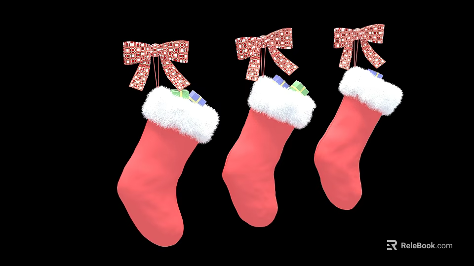 Red Christmas Stocking Decorative Ornament Set With White Faux Fur Trim And Plaid Bows 3d model 