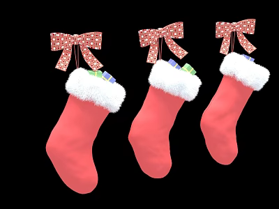 Red Christmas Stocking Decorative Ornament Set With White Faux Fur Trim And Plaid Bows 3d model