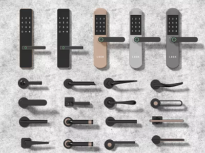 Modern Electronic Keypad And Mechanical Door Handles With Various Designs And Black Gold Gray Colors 3d model