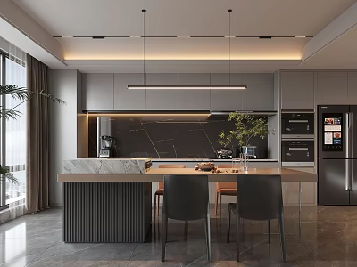 Modern Kitchen Interior With Grey Cabinets Black Island Marble Countertop Hanging Lights And Green Plant 3d model