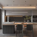 Modern Kitchen Interior With Grey Cabinets Black Island Marble Countertop Hanging Lights And Green Plant