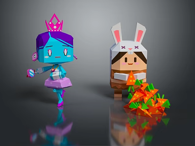 Purple Haired Character with Pink Crown and Rabbit Ear Headband Character near Carrot Shapes 3d model