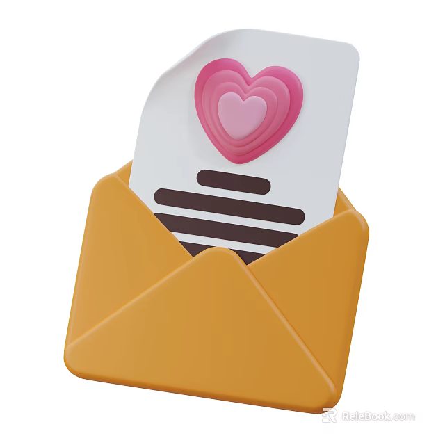 Cute Decorative Ornament Set With Yellow Envelope Paper And Pink Heart Design 3d model 