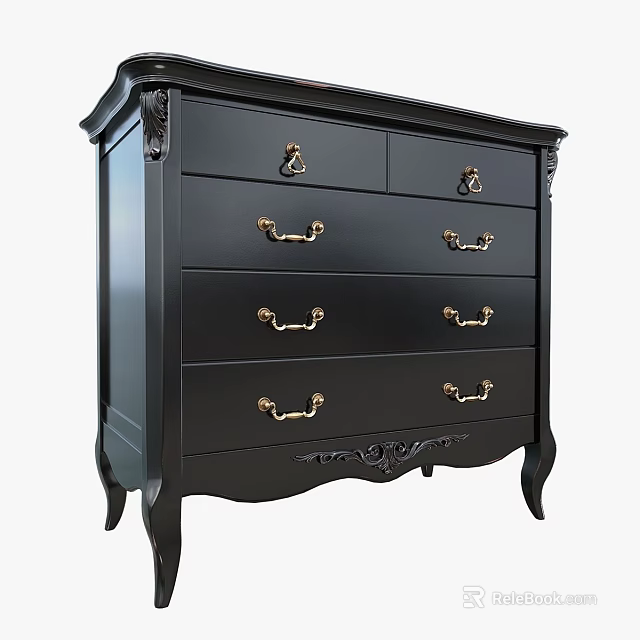 Black Classic Dresser With Gold Handles Carved Details And Curved Legs 3d model 