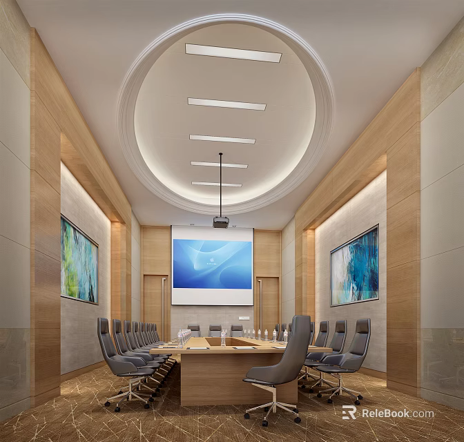 Modern Conference Room Design With Long Table Projector Screen And Decorative Paintings 3d model 