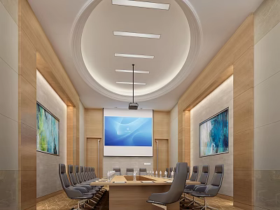 Modern Conference Room Design With Long Table Projector Screen And Decorative Paintings 3d model