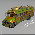 Vibrant Green And Orange Colorful Striped School Bus With Roof Rack Carrying Luggage Items