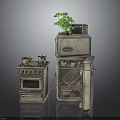 Vintage Kitchen Interior With Retro Stove Refrigerator Green Plant And Microwave