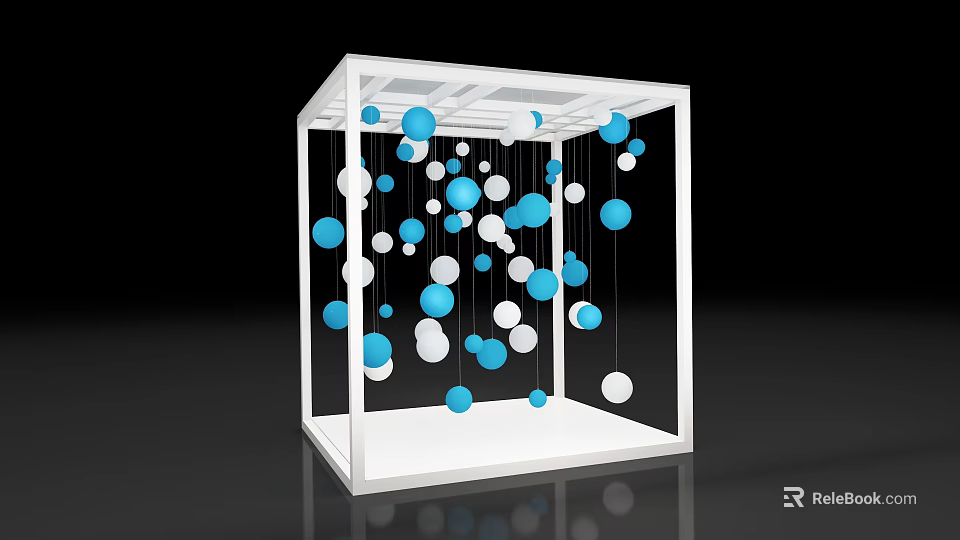 Modern Art Installation With White Framed Cube And Hanging Blue White Circles 3d model 