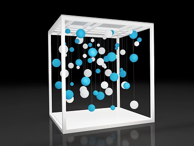 Modern Art Installation With White Framed Cube And Hanging Blue White Circles 3d model