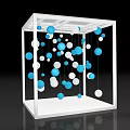 Modern Art Installation With White Framed Cube And Hanging Blue White Circles
