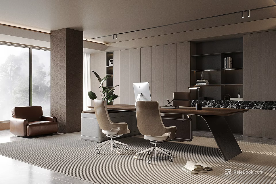 Modern Office Interior With Large Windows Brown Sofa Two Office Chairs Desk Green Plant And Bookshelves 3d model 
