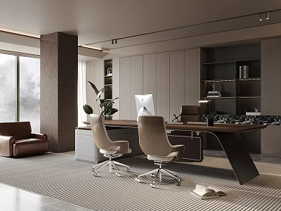 Modern Office Interior With Large Windows Brown Sofa Two Office Chairs Desk Green Plant And Bookshelves 3d model