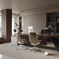 Modern Office Interior With Large Windows Brown Sofa Two Office Chairs Desk Green Plant And Bookshelves
