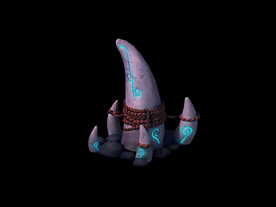 Purple Gray Fanged Object With Blue Glowing Patterns Brown Rope Wrapped And Base Small Spikes 3d model