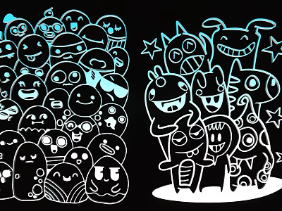 Fun Line Style Cartoon Monster Pendant With Diverse Expressions And Star Accents 3d model