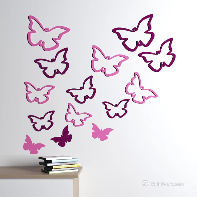Pink And Purple Butterfly Wall Decor On White Wall With Stacked Books 3d model 