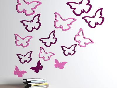 Pink And Purple Butterfly Wall Decor On White Wall With Stacked Books 3d model