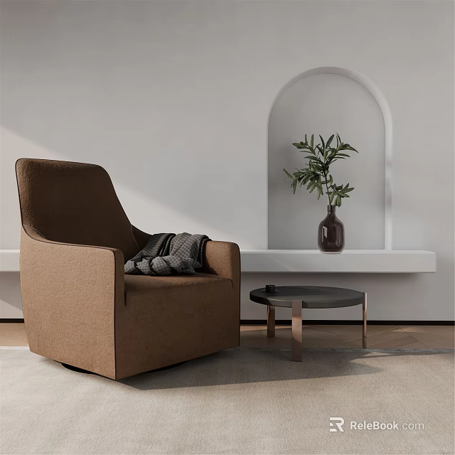 Brown Armchair With Gray Blanket And Small Round Table In Light Room 3d model 