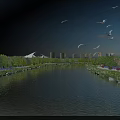 Scenic Waterfront Landscape With River Greenery Trees Distant Buildings And Flying Birds