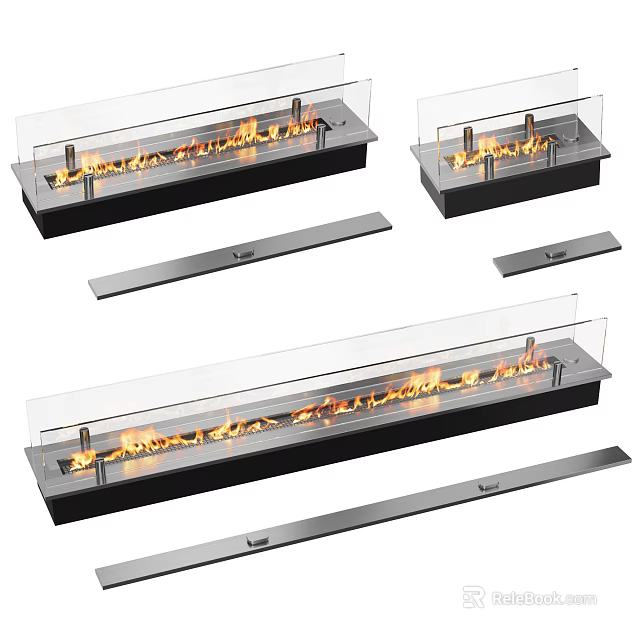 Modern Fireplace Design With Glass Panels Burning Flames And Components 3d model