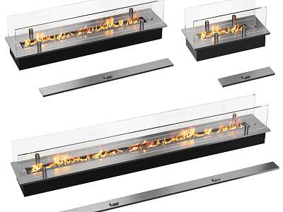 Modern Fireplace Design With Glass Panels Burning Flames And Components 3d model