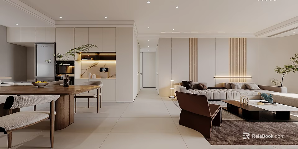 Modern Open Concept Living And Dining Room Interior With Sofa Dining Table And Plants 3d model 