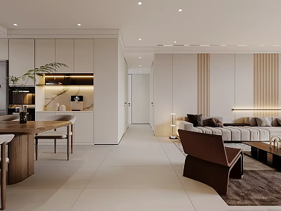 Modern Open Concept Living And Dining Room Interior With Sofa Dining Table And Plants 3d model