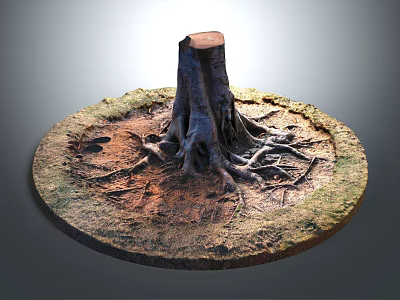 Natural Wooden Stump On Stone Platform With Exposed Roots And Green Grass 3d model