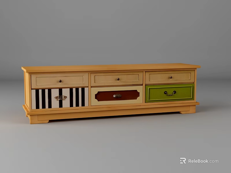 Wooden TV Stand With Multiple Drawers Colored Panels And Striped Design Elements 3d model 