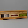 Wooden TV Stand With Multiple Drawers Colored Panels And Striped Design Elements