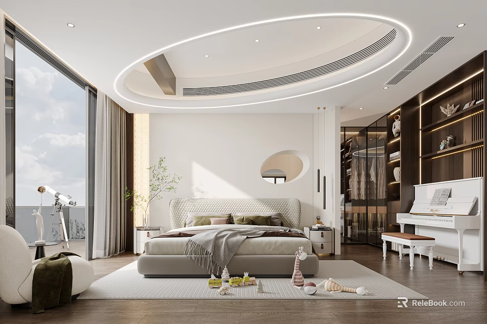 Elegant Modern Bedroom Interior With Circular Ceiling Large Window Bed And Piano 3d model