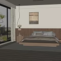 Warm Modern Bedroom Interior With Wooden Bed Floor to Ceiling Window And Natural Garden View