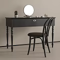 Modern Dark Wooden Dressing Table with Round Mirror Small Cactus Cosmetics and Chair