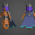 Two Lego Style Characters Orange Body Purple Hair Silver Crown Blue Cape Red Emblem