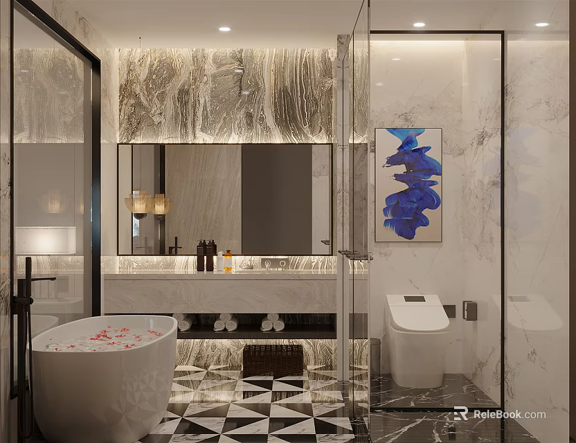 Hotel Bathroom Interior Featuring Marble Walls Large Mirror Bathtub Glass Shower And Geometric Floor Tiles 3d model 