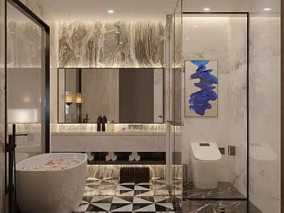 Hotel Bathroom Interior Featuring Marble Walls Large Mirror Bathtub Glass Shower And Geometric Floor Tiles 3d model