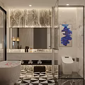 Hotel Bathroom Interior Featuring Marble Walls Large Mirror Bathtub Glass Shower And Geometric Floor Tiles