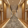 Modern Elevator Hallway Interior With Wooden Doors Decorative Paintings And Gray Floor