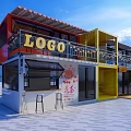 Vibrant Commercial Street With KFC Restaurant Colorful Buildings And Outdoor Seating