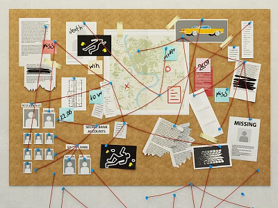 Creative Corkboard Collage With Papers Map Photos And Connected Red Lines 3d model