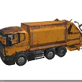Yellow Rusty Industrial Garbage Truck With Rear Dumping Mechanism And Mechanical Arms