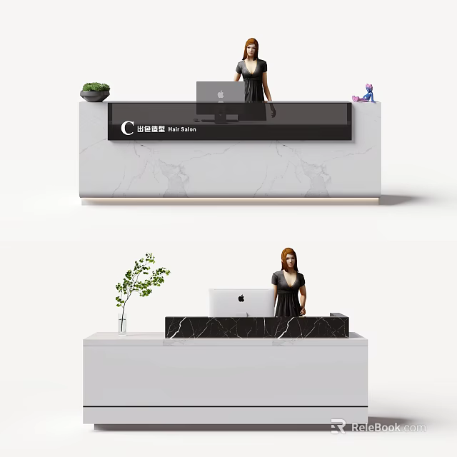 Modern Store Front Desk Interior With Marble Countertop Staff Member Laptop And Potted Plant 3d model 