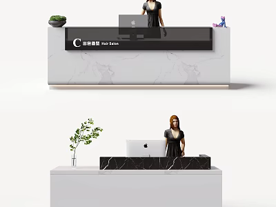 Modern Store Front Desk Interior With Marble Countertop Staff Member Laptop And Potted Plant 3d model