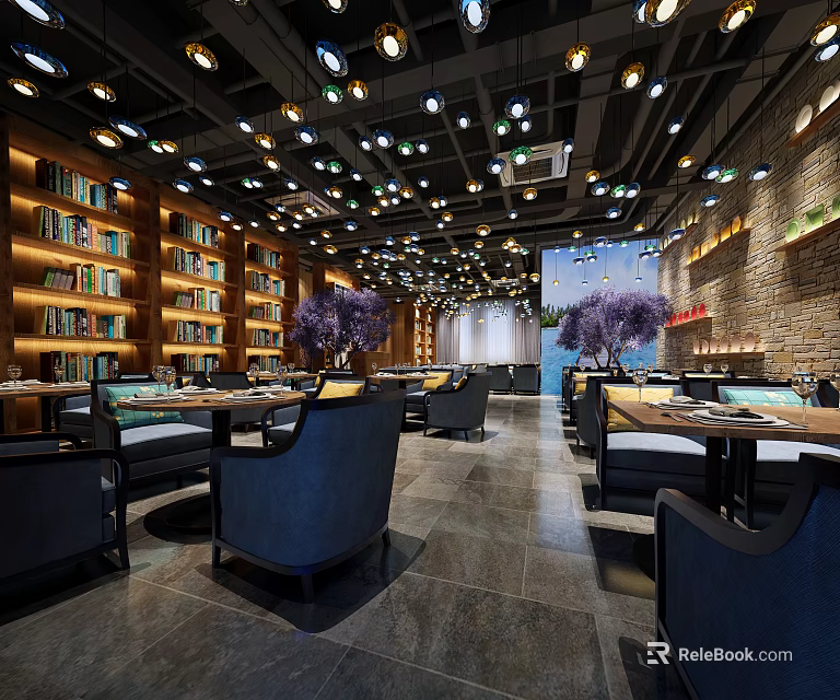 Modern Restaurant Interior Design With Bookshelves Chandeliers Comfortable Tables Chairs And Brick Walls 3d model 