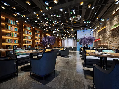Modern Restaurant Interior Design With Bookshelves Chandeliers Comfortable Tables Chairs And Brick Walls 3d model
