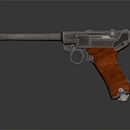 Vintage Pistol With Black Metal Body Wooden Grip And Silver Components On Reflective Surface