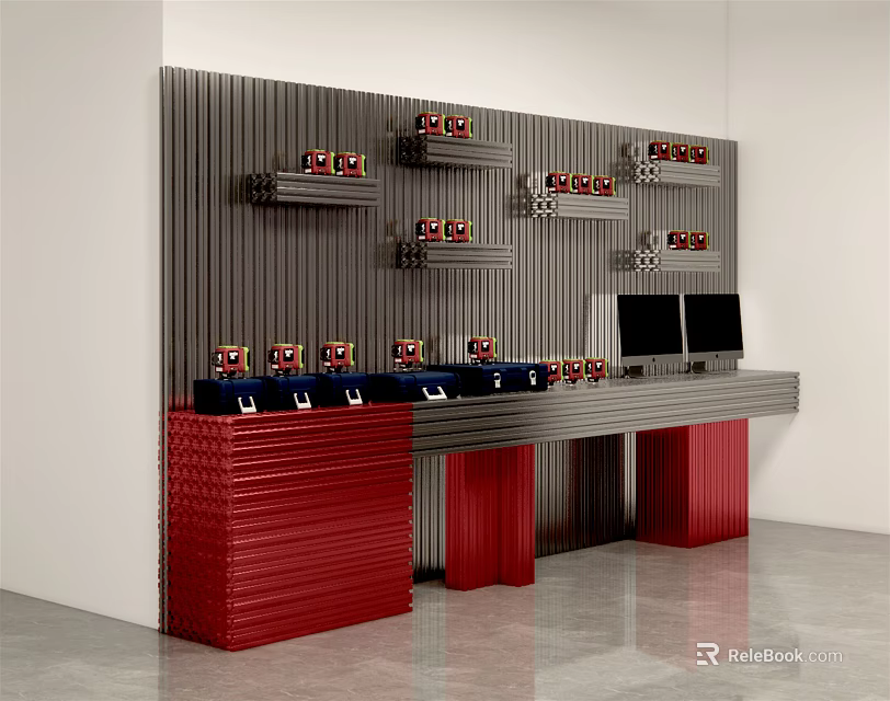 Modern Display Shelving Unit With Red Base Multi-tiered Racks And Counter Top Computers 3d model 